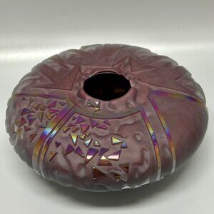 Purple Glass Art Vase Abstract Geometric Iridescent Signed Dough J Becker 1988
